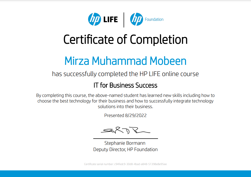 HP Life IT for Business Success certificate